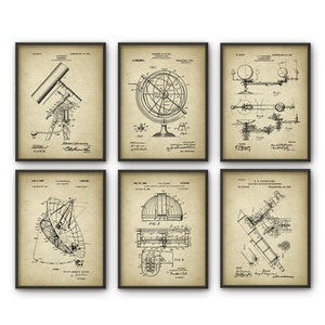Astronomy Patent Prints Set of 6 - Astronomer Wall Art - Telescope Space Observatory Dome Radio Telescope Planetarium - Astronomer Gift Idea