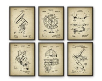 Astronomy Patent Prints Set of 6 - Astronomer Wall Art - Telescope Space Observatory Dome Radio Telescope Planetarium - Astronomer Gift Idea