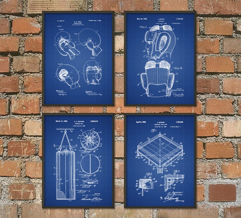 May include: Four vintage blue blueprint style prints of boxing equipment. The prints feature drawings of boxing gloves, a head guard, a punching bag, and a boxing ring. Each print includes the patent number, date, and inventor's name.