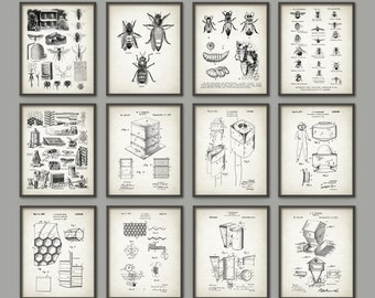 Beekeeping Print Set Of 12, Vintage Beehive and Apiary Patents, Honeycomb Honey Bee Keeper Veil Queen Bee Honey Bee, Melittology Posters