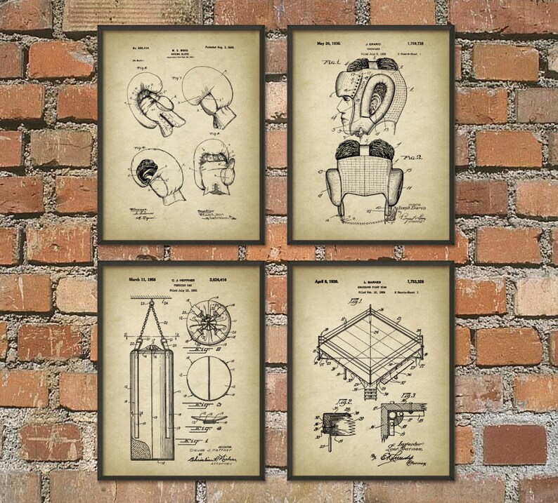May include: Set of four vintage boxing patent prints. The prints are black and white and feature illustrations of boxing gloves, a boxing helmet, a punching bag, and a boxing ring. The prints are on a cream-colored background and have a distressed look.
