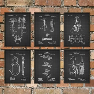 Rock & Mountain Climbing Patent Prints Set of 6 - Rock Climbing Wall Art - Mountaineering Poster Set Of Six - Mountain Hiker Gift Idea