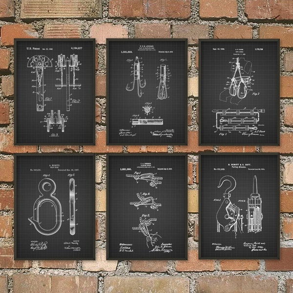 Rock & Mountain Climbing Patent Prints Set of 6 - Rock Climbing Wall Art - Mountaineering Poster Set Of Six - Mountain Hiker Gift Idea