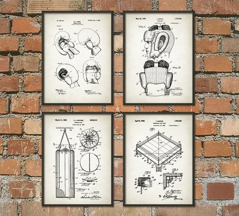 May include: Four vintage black and white patent drawings for boxing equipment. The drawings show a boxing glove, a boxing helmet, a punching bag, and a boxing ring. The drawings are on a white background with black lines.