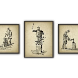 Blacksmith Prints Set of 3 #3 - Blacksmith Equipment - Hammer - Forge - Tongs - Metalworker - Forging - Metallurgy - Blacksmith Gift Idea