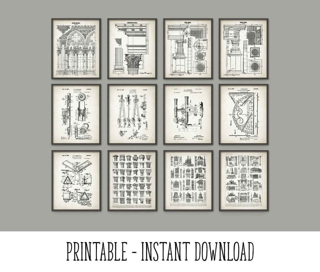 PRINTABLE Set of 12 Architecture Patent Wall Art, Technical Drawing ...