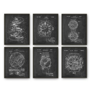 May include: Set of six black and white vintage watch patent prints. Each print features a different watch design and includes the patent number, date, and inventor's name.