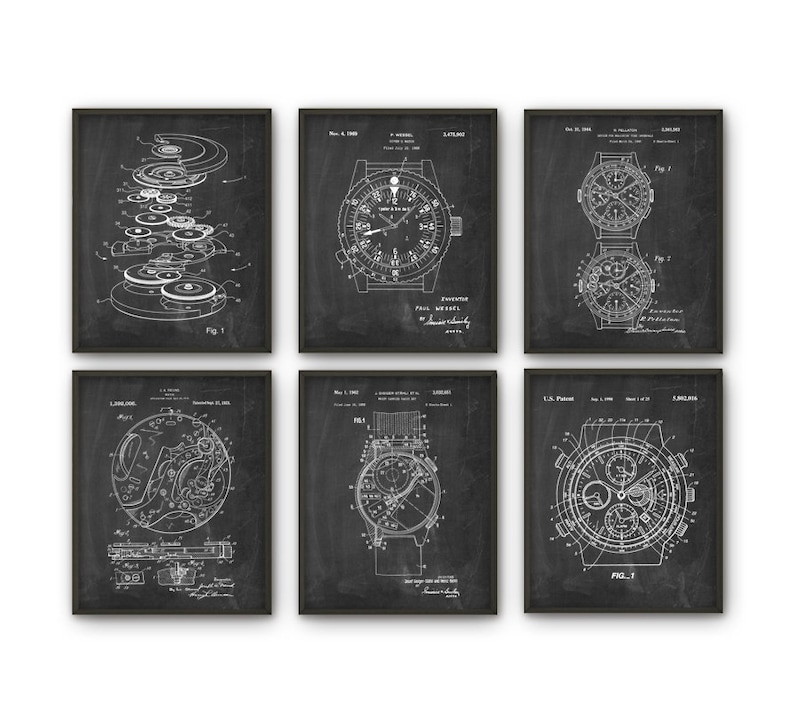 May include: Set of six black and white vintage watch patent prints. Each print features a different watch design and includes the patent number, date, and inventor's name.