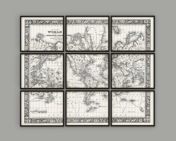 Vintage 1860 Large Map Of The World Set Of 9 Prints - Vintage Map Print - Vintage Map Home Decor - Rustic World Map - World Map Art Poster