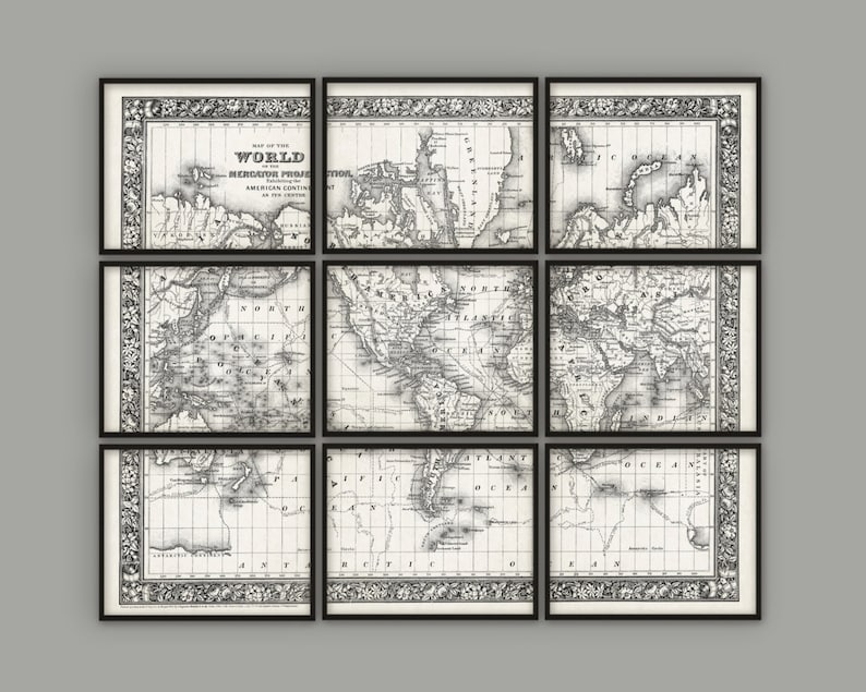 May include: A vintage black and white world map print divided into nine sections, framed in black. The map is titled "Map of the World on Mercator's Projection, American Continents as in the Census of 1870".