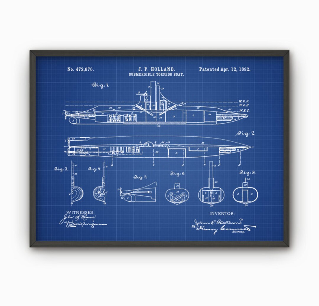 Holland Submarine Patent Print #2, 1892 Torpedo Boat Design, Navy Decor ...