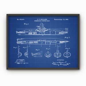 Holland Submarine Patent Print #2, 1892 Torpedo Boat Design, Navy Decor, Submersible Art, Navy Poster, U Boat, Naval Warfare