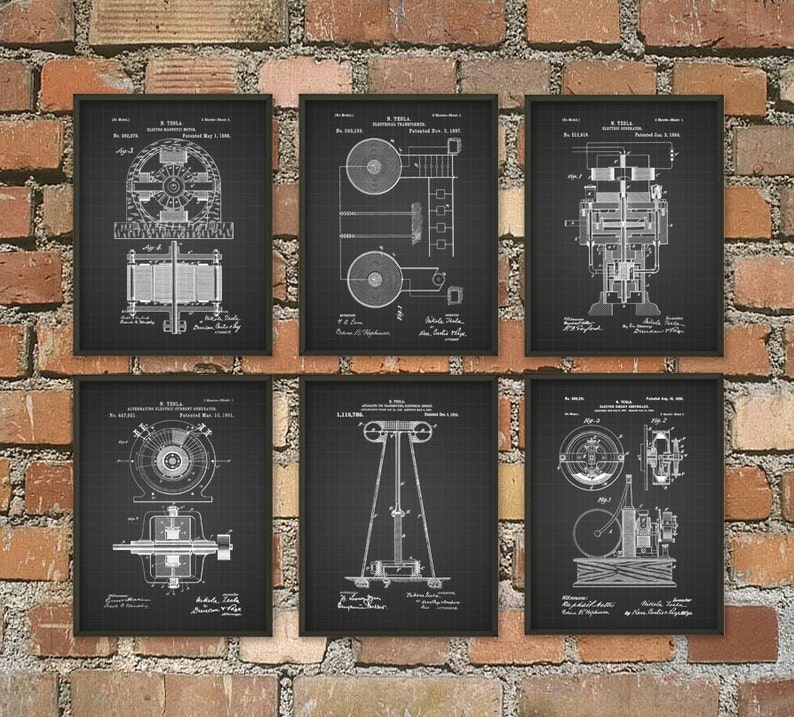 Tesla Patent Prints Nikola Tesla Engineering Invention Patent Tesla Motors Tesla Coil Generator Electric Circuit Poster Set Of 6 Black Graph