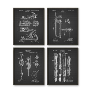 May include: Set of four vintage black and white patent drawings of woodworking tools. The drawings include a plane, a saw, a drill, and a screwdriver. Each drawing features the patent number, inventor's name, and date of patent.
