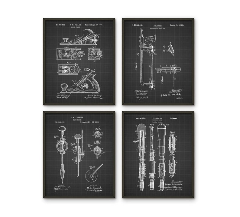 May include: Set of four vintage black and white patent drawings of woodworking tools. The drawings include a plane, a saw, a drill, and a screwdriver. Each drawing features the patent number, inventor's name, and date of patent.