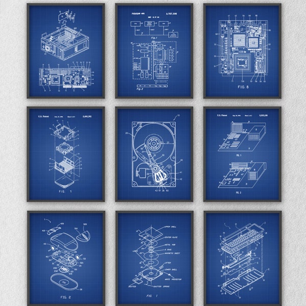 Ultimate Computer Patent Wall Art Poster Set of 9 - Computer Room Home Decor - IT Student Gift Idea - Computer Geek Gift Art Print Set of 9