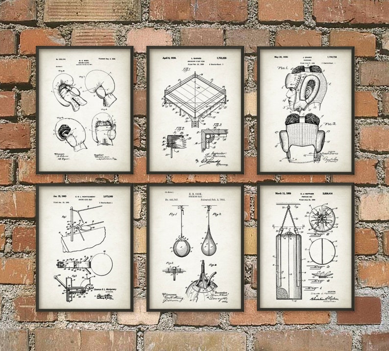 May include: Six framed vintage patent prints featuring boxing equipment, including gloves, a ring, headgear, a speed bag, and a punching bag. The prints are in black and white, with detailed technical drawings on a cream-colored background.