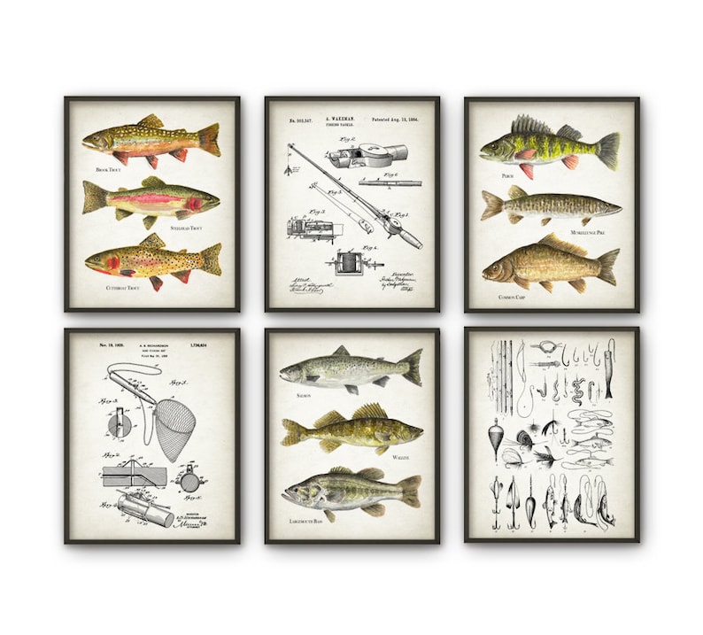 May include: Set of six vintage-style illustrations of fish and fishing equipment. The illustrations are in black and white and feature a variety of fish, including trout, bass, and walleye. The illustrations also include a fishing rod, a net, and a variety of fishing lures.