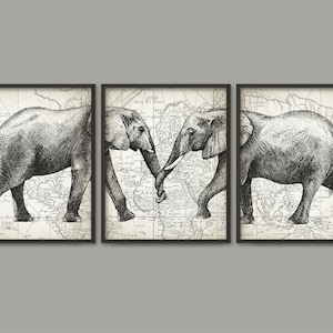 Elephant Love Print Set Of 3 On An Antique World Map Background, Elephants Drawing, Triptych Love Wedding or Anniversary Gift