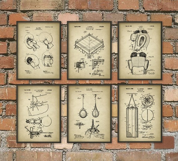 Boxing Patent Prints Set of 6, Boxing Posters, Boxing Prints, Boxing Glove Ring Headguard Punching Bag Wall Art