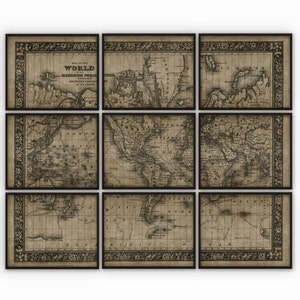 May include: A vintage map of the world, divided into nine sections, showing the continents and oceans. The map is printed on aged paper with a brown background and black lines. The title of the map is "Map of the World, in the Delineation of the American Continents, as per the Latest Discoveries."