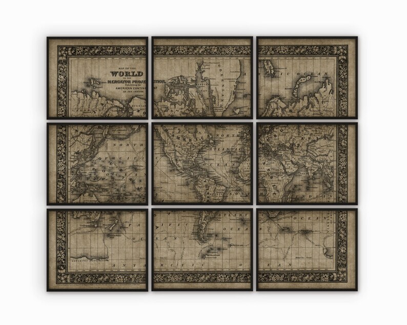 May include: A vintage map of the world, divided into nine sections, showing the continents and oceans. The map is printed on aged paper with a brown background and black lines. The title of the map is "Map of the World, in the Delineation of the American Continents, as per the Latest Discoveries."