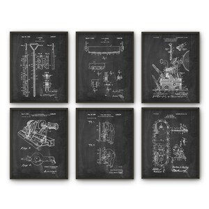 May include: Set of six black and white vintage patent drawings on a chalkboard background. Each drawing features a different invention, including a tool for digging holes, a saw, a machine for cutting wood, a tool for making holes, a tool for cutting metal, and a tool for cutting wood.