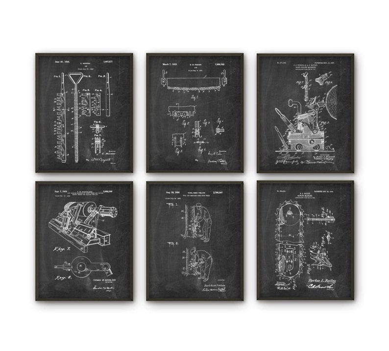 May include: Set of six black and white vintage patent drawings on a chalkboard background. Each drawing features a different invention, including a tool for digging holes, a saw, a machine for cutting wood, a tool for making holes, a tool for cutting metal, and a tool for cutting wood.