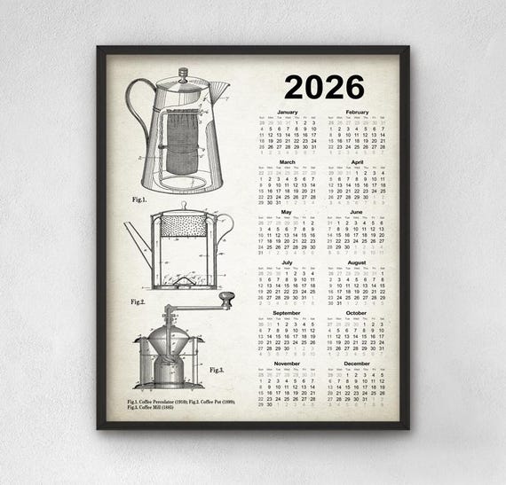 Coffee Brewing Patent Calendar 2026, Vintage Wall Art, Percolator