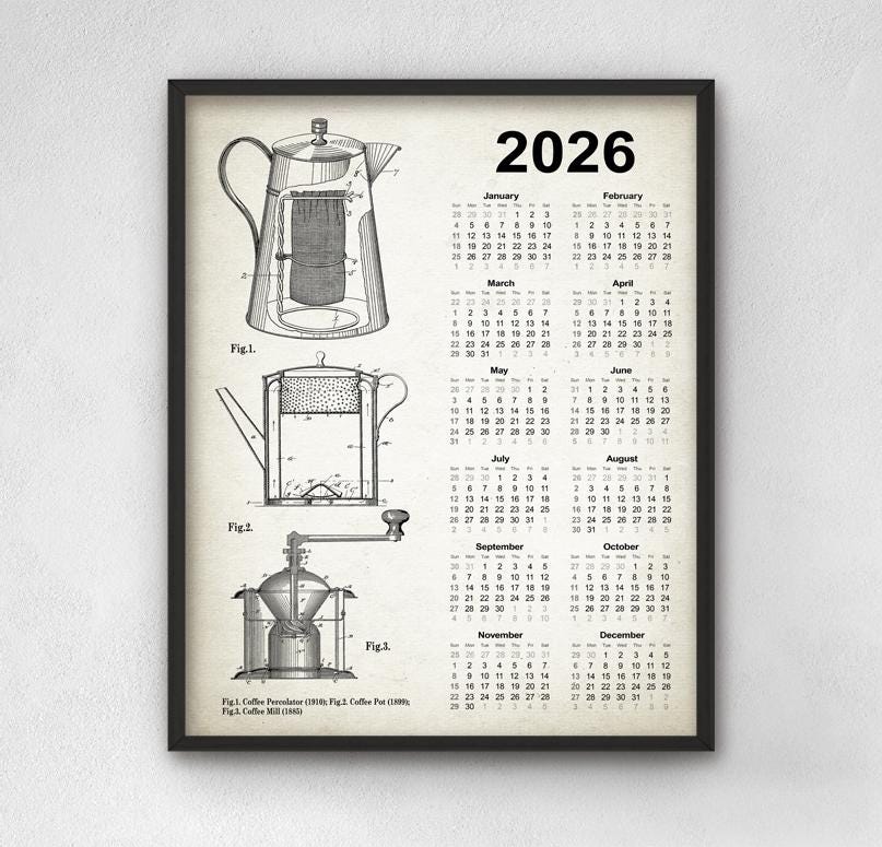 Coffee Brewing Patent Calendar 2026, Vintage Wall Art, Percolator