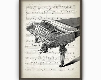 May include: A framed print featuring a detailed black and white illustration of a grand piano. The piano is set against a backdrop of vintage sheet music. The artwork is encased in a dark brown frame, adding a classic touch.