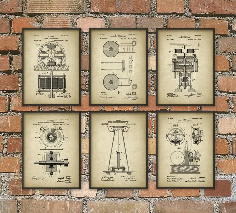 Tesla Patent Prints Nikola Tesla Engineering Invention Patent Tesla Motors Tesla Coil Generator Electric Circuit Poster Set Of 6 Aged Rustic