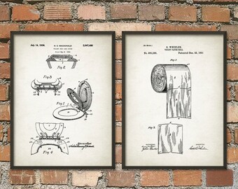 Toilet Roll Patents and Toilet Seat Patent Wall Art Poster Set Of 2 - Restroom Wall Art - Bathroom Print - Toilet Paper Roll
