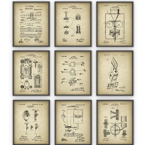 May include: Set of nine vintage patent drawings in black and white, framed in black frames. The drawings depict various inventions, including a telephone, a coffee grinder, a compass, a microphone, and a radio.