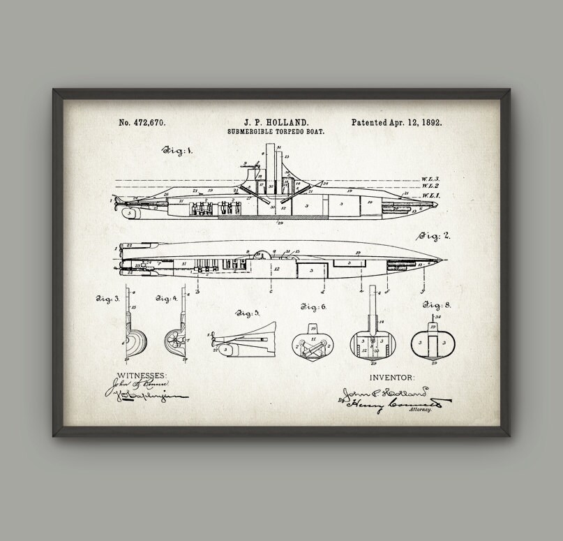 Holland Submarine Patent Print #2, 1892 Torpedo Boat Design, Navy Decor ...