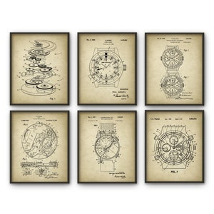 Watch Wall Art Set Of 6 Prints, Watch Mechanism, Watch Schematic, Watch Invention, Watch Patent Design, Vintage Watch, Steampunk Art Aged Rustic