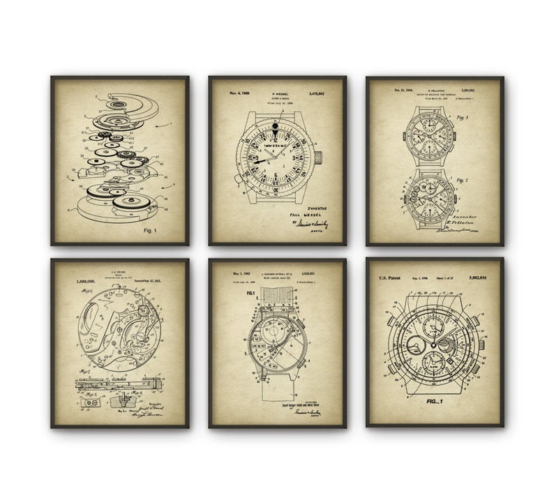 Watch Wall Art Set Of 6 Prints, Watch Mechanism, Watch Schematic, Watch Invention, Watch Patent Design, Vintage Watch, Steampunk Art Aged Rustic