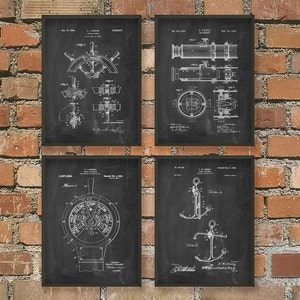 May include: Set of four vintage nautical patent prints in black and white. The prints feature a ship's wheel, a telescope, a ship's engine control, and an anchor. Each print has a black background and white text and illustrations.