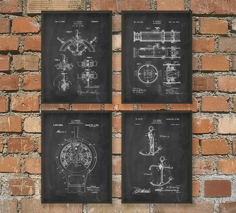 May include: Set of four vintage nautical patent prints in black and white. The prints feature a ship's wheel, a telescope, a ship's engine control, and an anchor. Each print has a black background and white text and illustrations.
