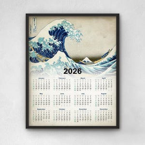 Calendrier 2026 Grande vague au large de Kanagawa, art mural japonais, calendrier de cuisine ou de bureau