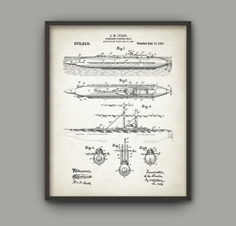 Submarine Patent Print - 1910 Submarine Torpedo Boat Design - Navy ...