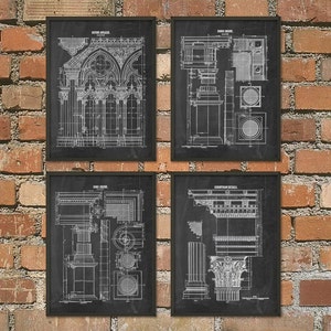 May include: Set of four black and white architectural blueprint prints. The prints feature detailed drawings of an ornate archway, a column, a capital, and a cornice. Each print has a title at the top, including "Ionic Arcade", "Ionic Order", "Ionic Capital", and "Cornice Detail".