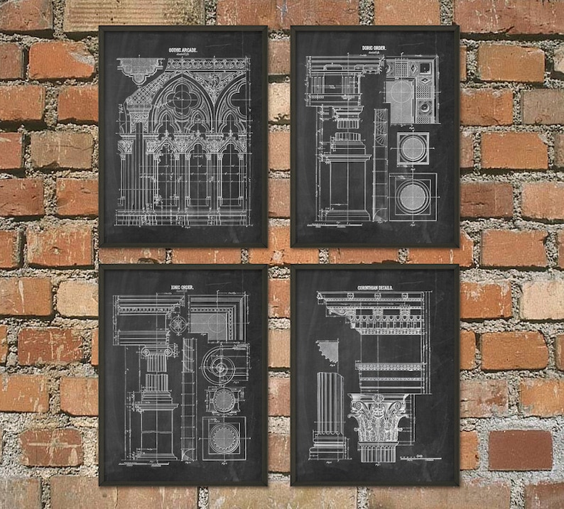 May include: Set of four black and white architectural blueprint prints. The prints feature detailed drawings of an ornate archway, a column, a capital, and a cornice. Each print has a title at the top, including "Ionic Arcade", "Ionic Order", "Ionic Capital", and "Cornice Detail".