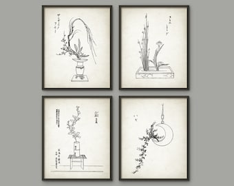 Ikebana Japanese Flower Arrangement Wall Art Set of 4, Japanese Home Decor, Antique Botanical Plant Illustrations, Giclee Print Set of 4