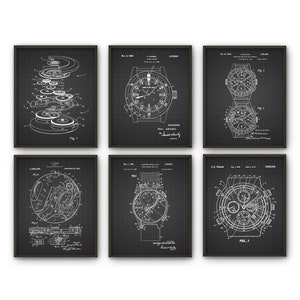 May include: Set of six black and white vintage watch patent drawings. Each drawing features a different watch design with detailed illustrations of the internal mechanisms. The drawings are framed with a black border and have a grid pattern background.