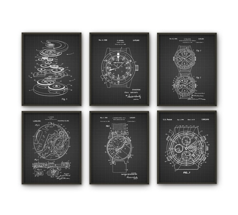 May include: Set of six black and white vintage watch patent drawings. Each drawing features a different watch design with detailed illustrations of the internal mechanisms. The drawings are framed with a black border and have a grid pattern background.