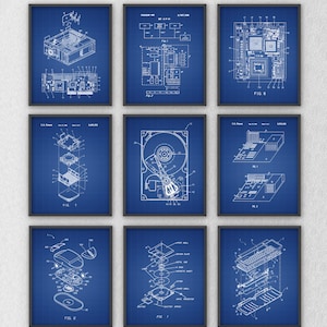 PRINTABLE Set of 9 Computer Blueprint Patent Images, Technology Wall Art Set, Computer Geek Schematics Digital Print Poster INSTANT DOWNLOAD