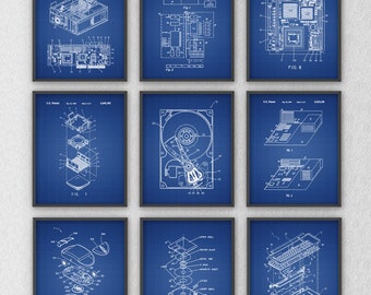 PRINTABLE Set of 9 Computer Blueprint Patent Images, Technology Wall Art Set, Computer Geek Schematics Digital Print Poster INSTANT DOWNLOAD