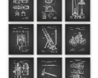 Firefighting Patent Prints Set Of 9, Firefighter Gift Idea, Fire Station Decor, Fire Extinguisher Ladder Truck Hydrant Design Wall Art