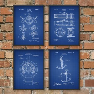 May include: Set of four vintage nautical blueprint style prints featuring a ship's wheel, a telescope, a ship's engine control, and an anchor. Each print has a patent number and date.
